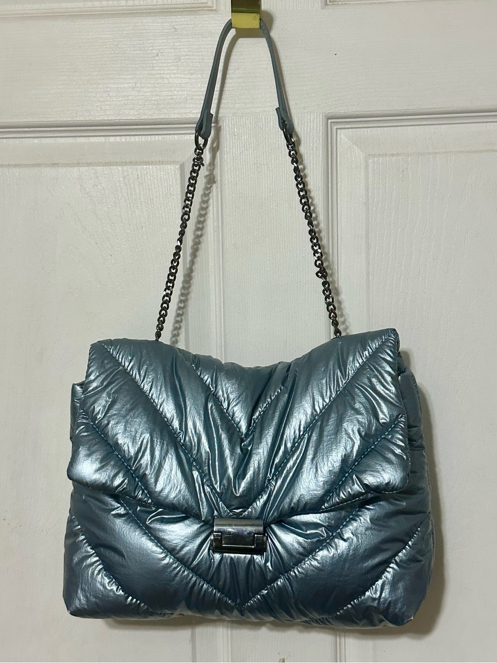 Zara Metallic Teal Quilted Shoulder Bag